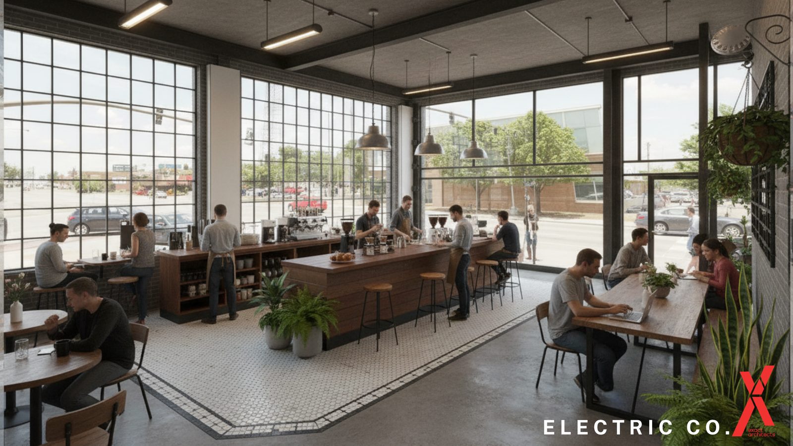 The ground floor as designed, a cafe behind the original steel window wall