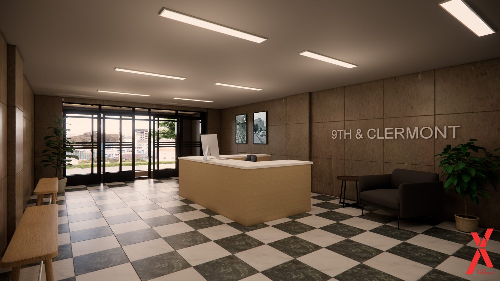 The residential lobby as designed, under the Ninth and Clermont name