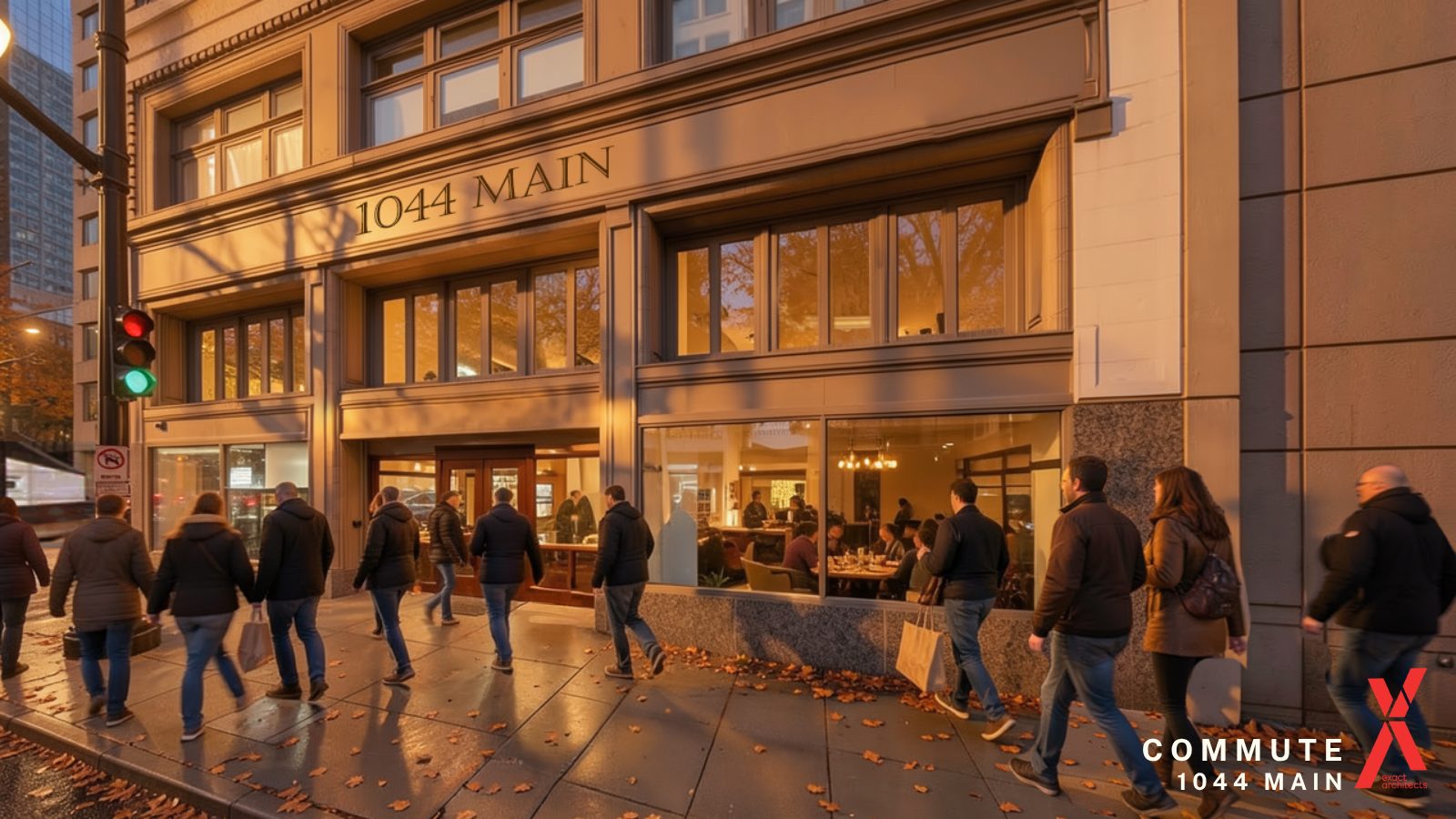 The restored 1044 Main entrance at street level in the evening, with the streetcar stop out front