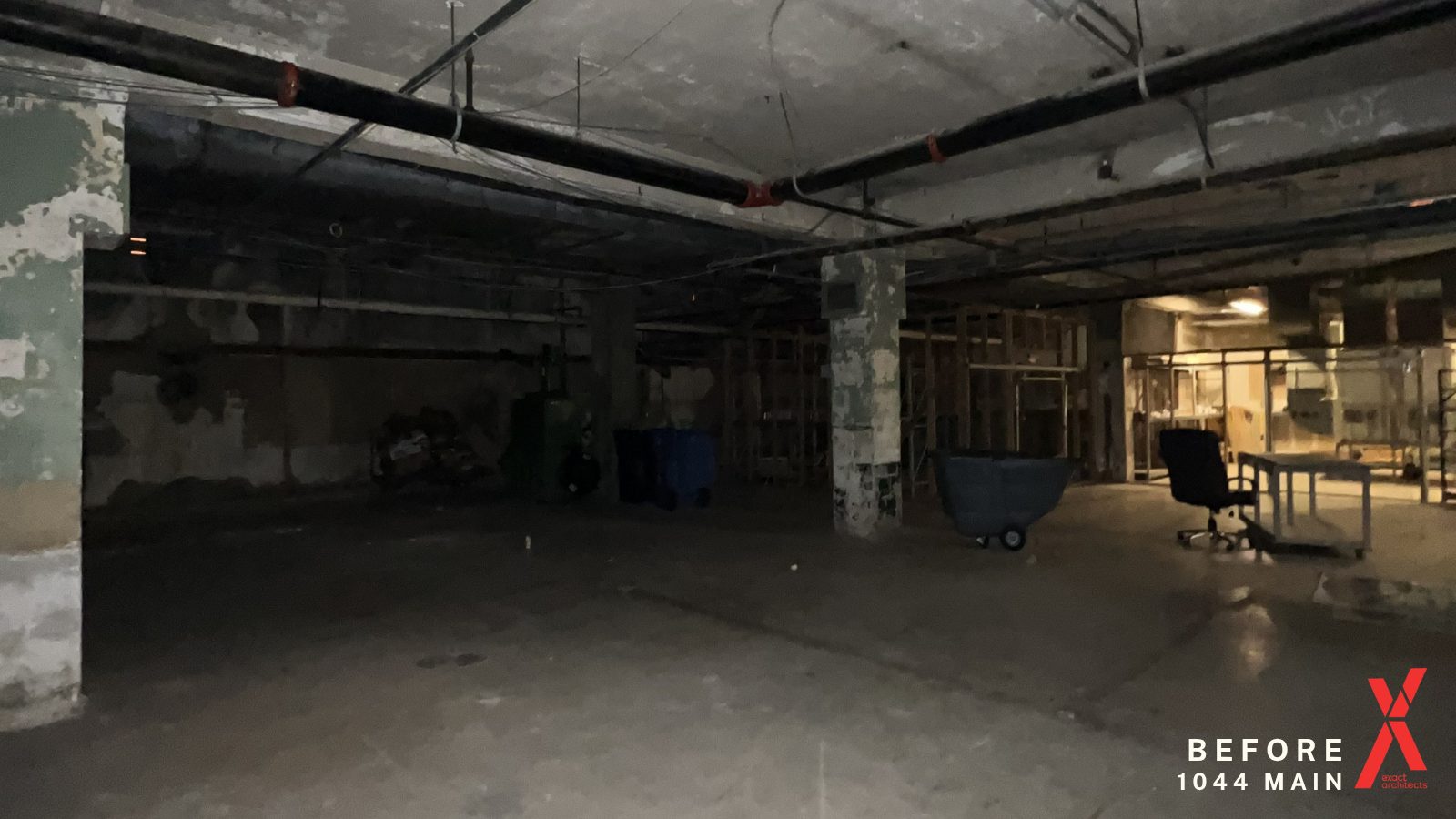 The lower level at 1044 Main as found, stripped back to structure
